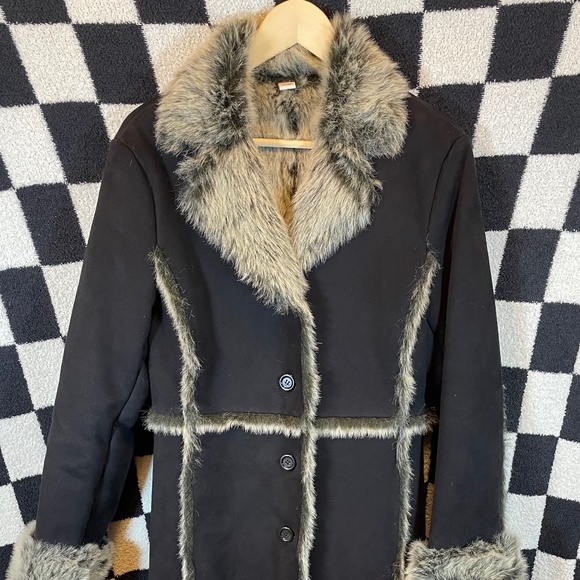 Vintage Marvin Richards Long Faux Fur Suede Leather Coat Jacket Y2K Penny Lane